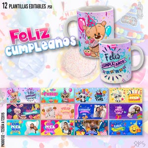 12 bearbeitbare Vorlagen zum Sublimieren von Tassen, Happy Birthday-Designs, inklusive Mockups und Schriftarten