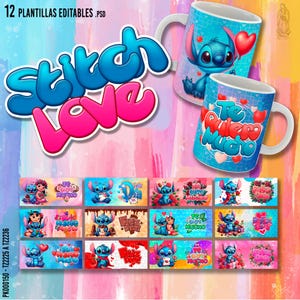 12 Plantillas Editables para Sublimar Tazas San Valentin - Diseños de Stitch - Incluye Mockups y Fuentes