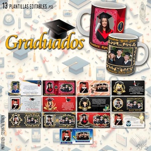 以下が含まれることがあります： PSD形式の印刷可能な卒業テンプレート13個セット。テンプレートには、卒業帽、卒業写真入りのマグカップ、卒業証書など、さまざまなデザインが用意されています。テンプレートは、パーソナライズされた卒業発表、招待状、または感謝状を作成するのに最適です。
