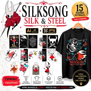 May include: A digital collection of 15 vector designs featuring the character Hornet from Silksong, including Ai and PNG files. The set displays various illustrations of the character in a red cloak, alongside a black t-shirt with a graphic print.