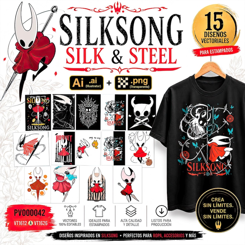 May include: A digital collection of 15 vector designs featuring the character Hornet from Silksong, including Ai and PNG files. The set displays various illustrations of the character in a red cloak, alongside a black t-shirt with a graphic print.