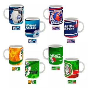 May include: A collection of white ceramic mugs featuring soccer team logos and text. Designs include team names, logos, and the Mexican flag. The mugs have various color schemes, including blue, green, and orange.
