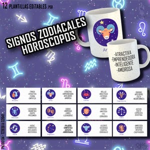 12 edytowalnych szablonów do sublimacji kubków ze znakami zodiaku — zawiera makiety i czcionki