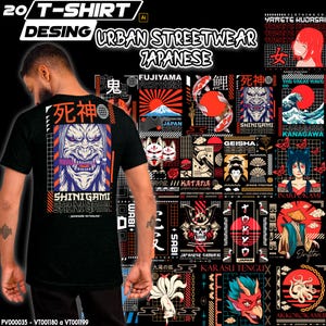 Puede incluir: Camiseta negra con un gran gráfico de un demonio japonés, "Shinigami", y texto japonés. El diseño incluye elementos naranjas, azules y blancos. La camiseta forma parte de una colección "Urban Streetwear".