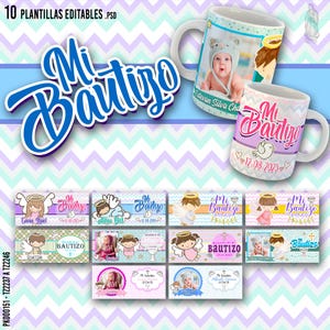 10 Plantillas Editables para Sublimar Tazas de Bautizo - Mi Bautizo Incluye Mockups y Fuentes