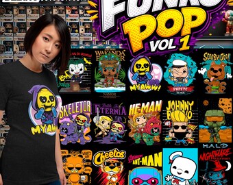 May include: A dark gray short-sleeved t-shirt featuring a graphic of the character Skeletor from Masters of the Universe with the text MY AWW. The shirt is displayed against a background collage of various Funko Pop character designs.