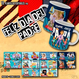 Puede incluir: Una colección de tazas y plantillas con temática del Día del Padre. Las tazas presentan fotos familiares y la palabra "Papa". Las plantillas incluyen varios diseños con las palabras "Feliz Día Del Padre" y "Papa".