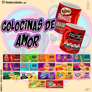 17 Plantillas editables para Sublimar Tazas de 11oz del Dia de San Valentin. Diseños de Golocinas de Amor