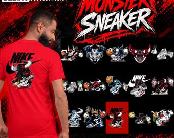 May include: A bright red short-sleeved t-shirt featuring a graphic of a stylized bull-themed sneaker with the Nike logo. The design includes a black swoosh, a bull head with horns, and a gold nose ring. The background displays various monster sneaker designs.