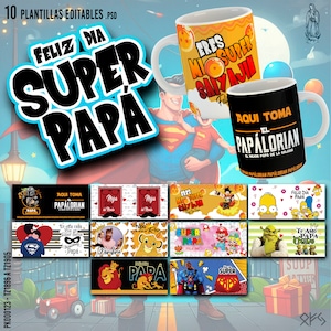 10 Editable Templates to Sublimate Father's Day Mugs - Super Dad Designs - Includes Mockups and Fonts