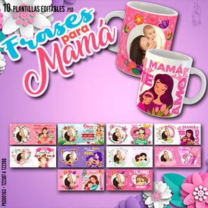 10 Plantillas Editables para Sublimar Tazas del Día de la Madre | Editables con Fotos y Frases | Incluye Mockups y Fuentes