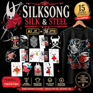 May include: A collection of 15 digital vector designs featuring characters from Silksong, including Ai and PNG file formats. The graphics display various illustrations of the character Hornet in red and white, showcased on a black t-shirt.