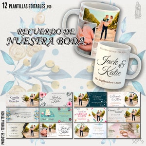 12 Plantillas Editables para Sublimar Tazas de Boda - Diseños con Fotografias - Incluye Mockups y Fuentes