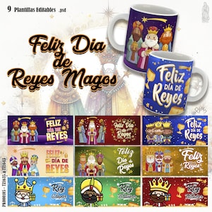 Puede incluir: Tazas y pancartas con el texto "Feliz Dia de Reyes Magos" e ilustraciones de los Reyes Magos. Las tazas son blancas con diseños coloridos, y las pancartas tienen varios fondos.