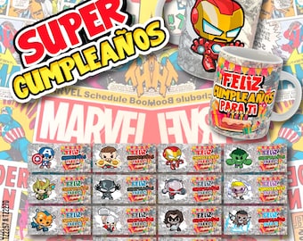 14 Editable Templates to Sublimate Happy Super Birthday Mugs - Designs with Superheroes - Includes Mockups and Fonts