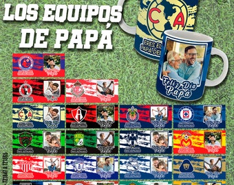 May include: A set of 19 printable digital templates featuring various soccer team logos. Each template includes a soccer team logo, a father's day message, and a space for a photo. The text on the templates reads "Los Equipos de Papa" and "Feliz Dia Papa".