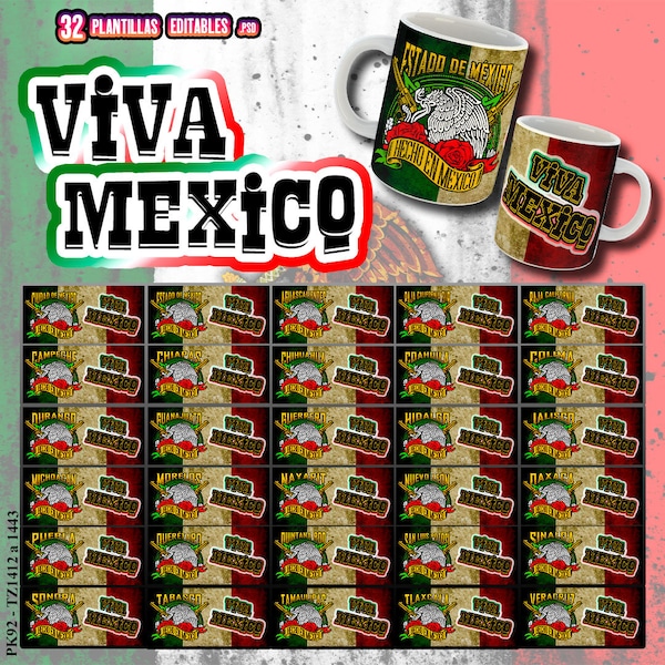 Pack of 32 Editable Templates to Sublimate Mugs Made in Mexico - Designs by State