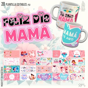 20 Plantillas editables para Sublimar Tazas del Dia de Las Madres. Incluye Mockups y Fuentes