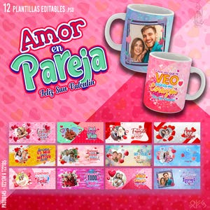 Puede incluir: Doce plantillas editables para San Valentín con parejas en diferentes poses. Las plantillas están diseñadas para ser usadas con software de edición de fotos y presentan una combinación de colores rosa y blanco con corazones y el texto "Amor en Pareja" (Amor en Pareja).
