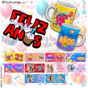 10 modelos editáveis para sublimar canecas de aniversário. Desenhos de feliz aniversário.