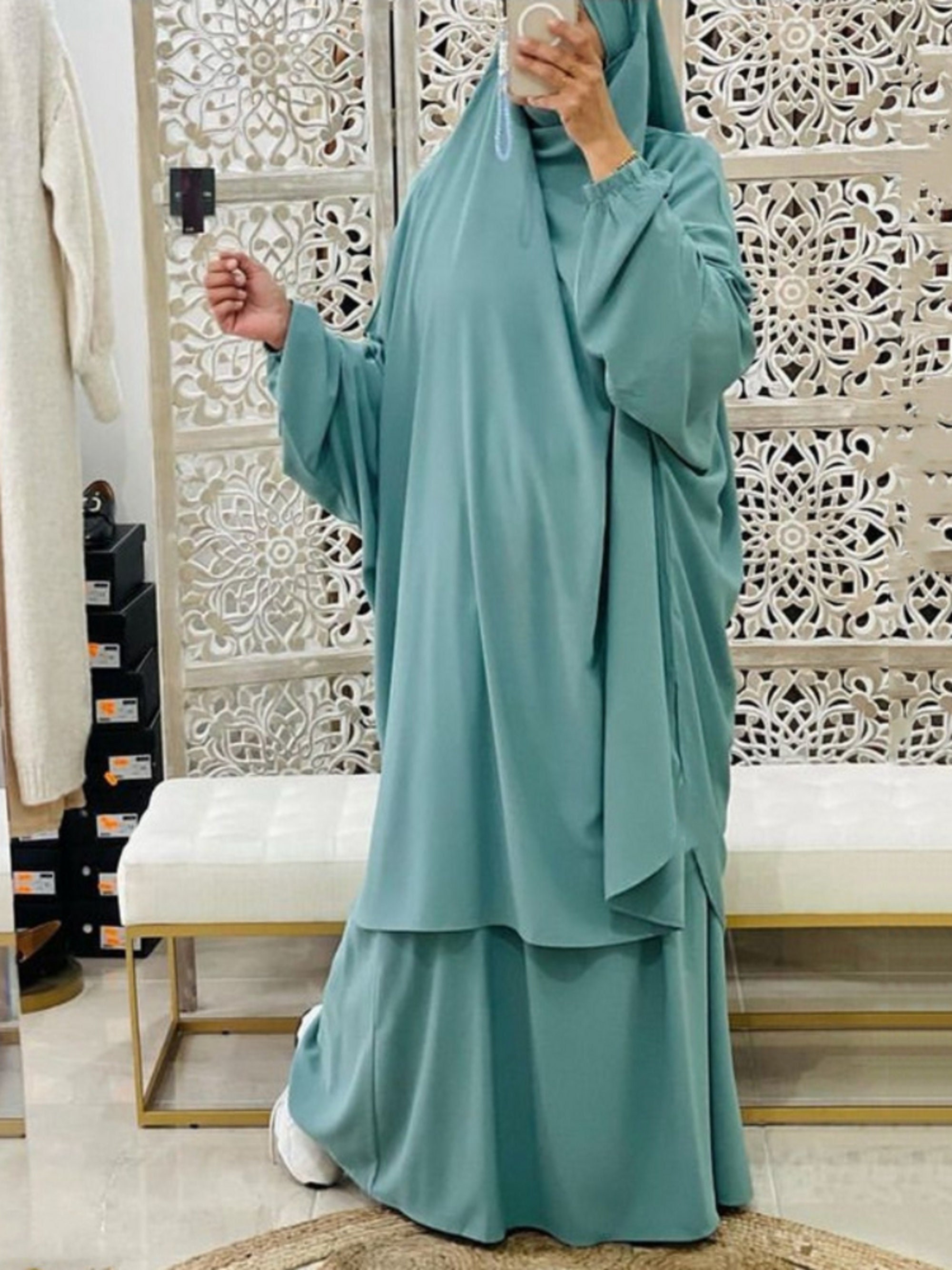 Abaya 2 Piece Jilbab Long Khimar Set Abaya Muslim Women Prayer photo