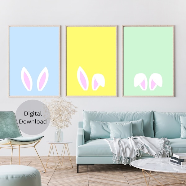 Printable 3 Piece Wall Art, Easter Decor Prints, Easter Decorations, Easter Wall Art, Bunny Ears, Spring Decor, Rabbit Painting, Bunnies