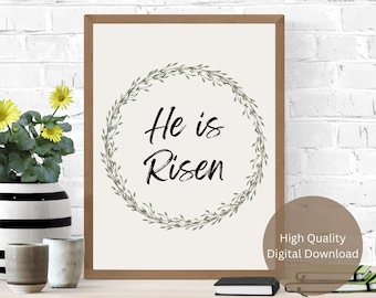 He is Risen Digital Art Print, Instant Download, Spring Printable Wall Art, Modern Christian Art, Christian Home Decor, He is Risen Sign