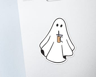 Geist mit Kaffee-Getränk-Aufkleber - lustige niedliche Halloween-Aufkleber - Aufkleber für Auto, Laptop, Telefon, Konsole