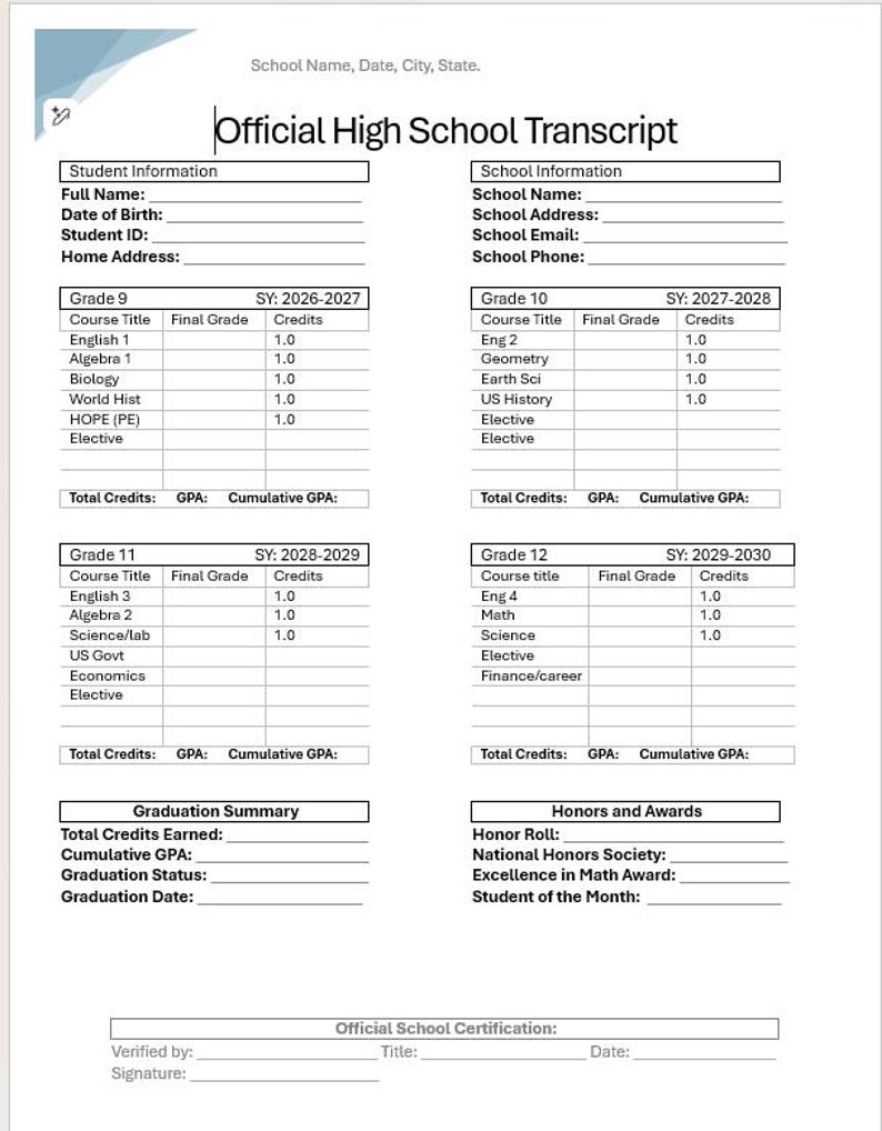 Official High School Transcript Template (word, Easy to Edit) - Etsy