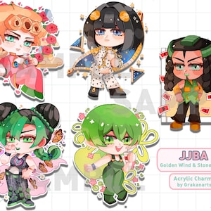 May include: Acrylic charms featuring characters from JJBA: Golden Wind & Stone Ocean. The charms depict chibi-style figures with vibrant colors and detailed designs. The characters include a blonde figure with roses, a figure with black hair, and others.
