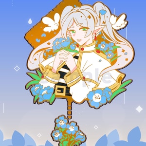 May include: A decorative pin featuring an anime-style character with long white hair, green eyes, and pointed ears. The character wears a white and gold outfit and holds blue flowers. Butterflies and more blue flowers are also present.