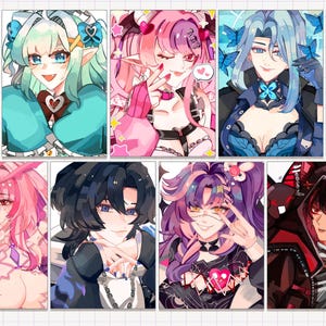 以下が含まれることがあります： アニメスタイルのキャラクターポートレート10枚のコレクション。各ポートレートは、ユニークな髪型、服装、アクセサリーを持つ異なるキャラクターを特徴としています。キャラクターは鮮やかな色と表現力豊かな顔の特徴で描かれています。