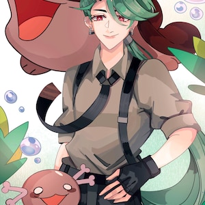 May include: An illustration of a person with green hair and red eyes, wearing a brown shirt, black tie, and suspenders. Two cartoon creatures are featured, one large and brown, the other small and pink. The background includes bubbles and green foliage.