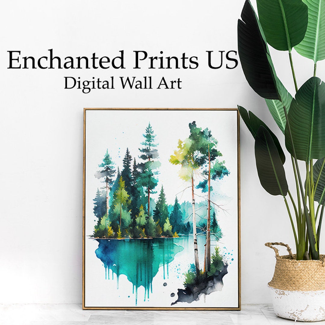 Watercolor Landscape Print Blue Lake Wall Art Colorful Etsy