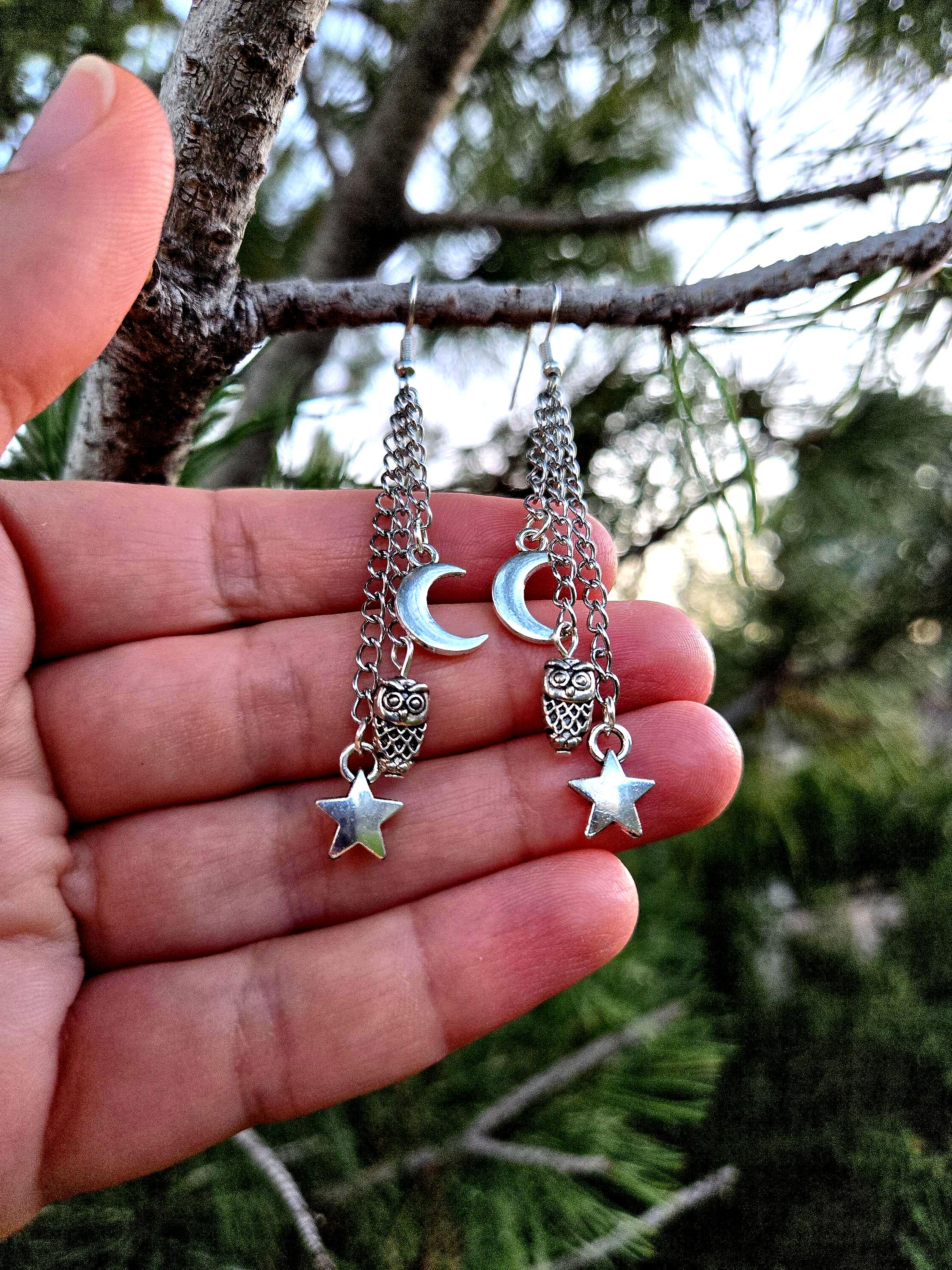 Sterling Silver Night Owl Dangle Earrings: Celestial Star Moon Charms