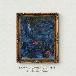 Estampado de Nenúfares de Monet y Reflejo en un Sauce, Pintura de Ninfeas de Claude Monet, Arte impresionista de estanque azul, Decoración de pared francesa vintage