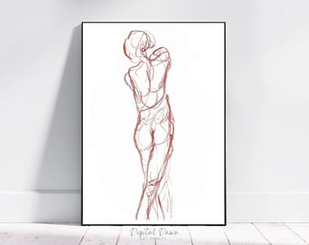 Standing Figure Line Art Print, Modern Abstract Figure Drawing Fine Art Printable Digital DIY Home Décor for Boho Eclectic Style Wall Art