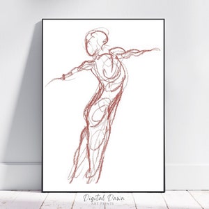 May include: A framed print showing a sketch of a human figure in a dynamic pose, with arms extended. The artwork is in brown tones on a white background. The print is in a black frame, with the text "Digital Dawn Art Prints" at the bottom.