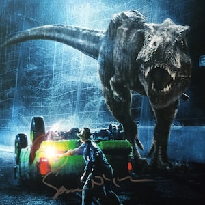 May include: A movie poster depicting a Tyrannosaurus Rex in a downpour, with a person fleeing the dinosaur near a green jeep. The poster has a dark, cinematic aesthetic, with the dinosaur as the central focus.