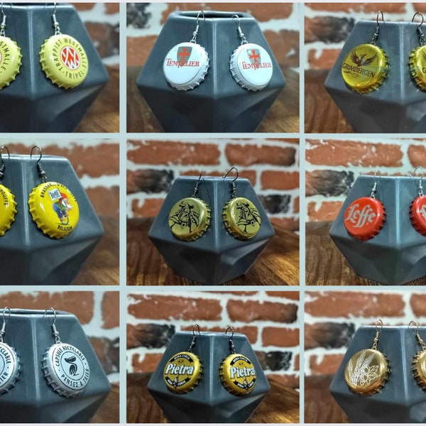 Boucles d'oreilles upcycling capsule bière Chouffe Grimbergen Leffe Pietra Cervoise Goudale Pelforth Westmalle DIY Handmade Jewelry