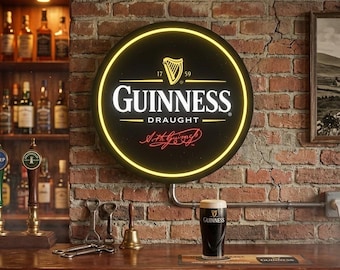 Guinness-Bier-Leuchtschild mit LED-Beleuchtung, Ø 22 cm – Dekoration für Bar, Männerhöhle und Küche – Vintage-3D-Bier