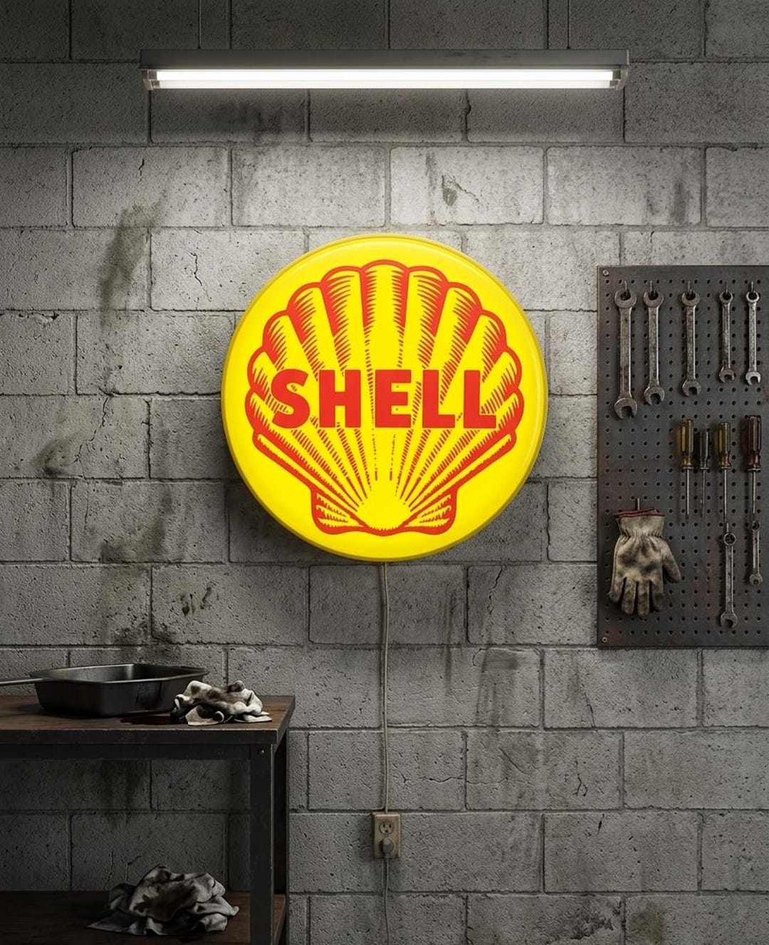 Shell Gasoline Lightbox Sign LED Wall Sign Ø22cm - Garage, Man Cave and ...