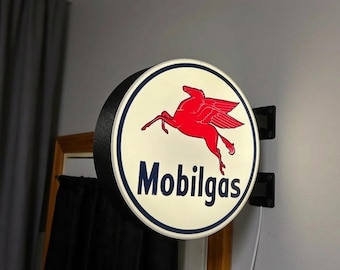 Mobilgas Pegasus Lightbox Sign Double Sided LED Wall Sign - Garage, Man Cave and Workshop Decor - Vintage Mobil Oil Automobilia