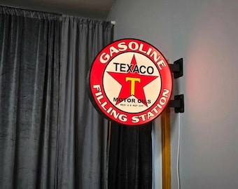 Vintage Texaco Lightbox Sign - Double-Sided LED Wall Sign - Garage, Man Cave & Loft Decor - Retro American Gas Station - Automobilia