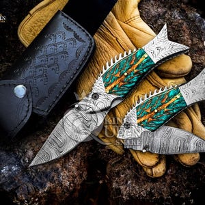 Handmade Damascus Steel Folding Pocket Knife: Fishing, Camping, Personalized, Halloween, Birthday, Anniversary, Groomsmen, Christmas Gift