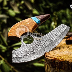 Cuchillo Ulu de Damasco, cuchillo de cocina hecho a mano, cuchillo de chef Ulu con funda de cuero, cortador de pizza, cortador de toro vaquero, regalo de Halloween para él
