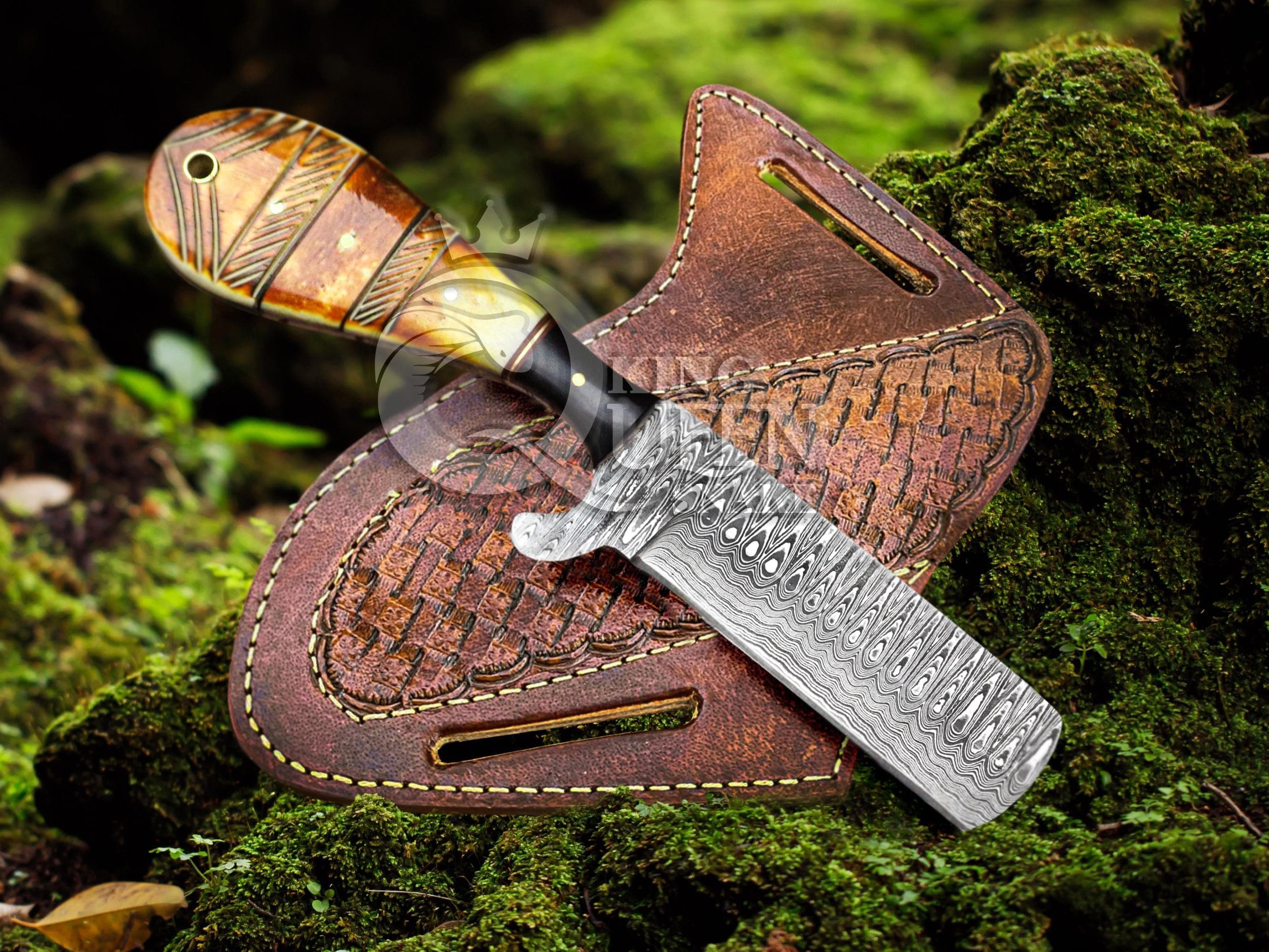 Damascus Cowboy Bull Cutter Knife With Bone Handle, Rasp Steel ...