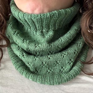 Puede incluir: Un cuello tejido verde con un cuello acanalado y un diseño calado texturizado. El cuello está hecho de hilo suave y está diseñado para usarse alrededor del cuello. El color es un verde natural apagado, y el cuello parece estar hecho a mano.