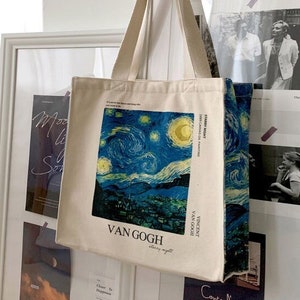 Vincent Van Gogh Dutch Post-Impressionist Painter “The Starry Night, 1889” Aesthetic Canvas Art Tote Bag with Zipper & Inner Pocket