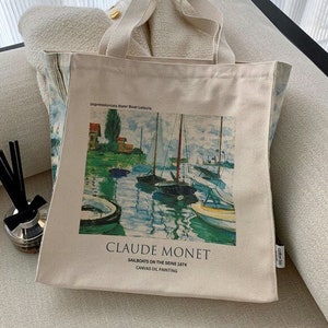 Claude Monet French Oil Painter “Sailboats on the Seine at Petit, 1874” Aesthetic Canvas Art Tote Bag with Zip Closure & Inner Pocket